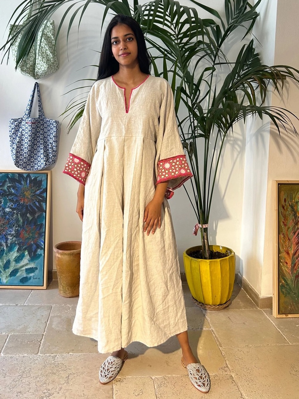 Nina Leuca Naya Luminaria Linen Blend Maxi‎ Dress Natural Medium EUC